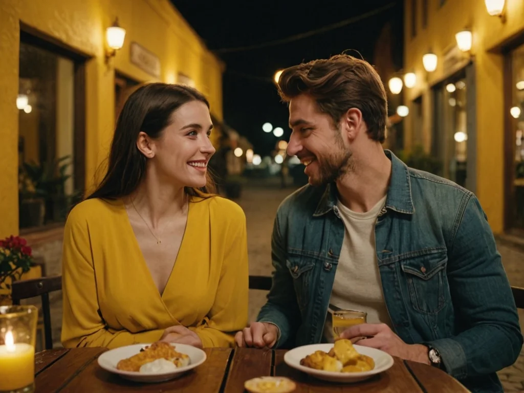 A woman and a man sat at a table out on a romatic date